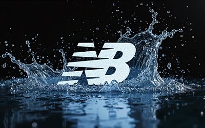 New Balance glitter logo, 4k, water splashes, black backgrounds, fashion brands, New Balance 3D logo, New Balance white logo, creative, New Balance logo, brands, New Balance