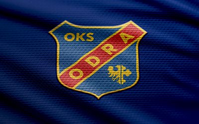 odra opole fanck  logo, 4k, sininen kangas tausta, osasto 1, bokeh, jalkapallo, odra opole logo, odra opole  merkki, odra  opole, puolalainen jalkapalloseura, odra opole fc