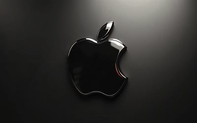 Apple 3D logo, 4K, black polished metallic background, Apple emblem, Apple black logo, Apple logo, Apple