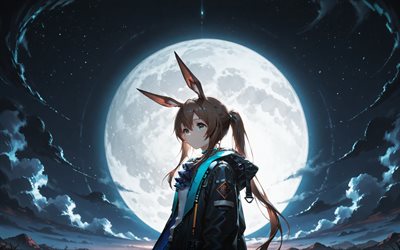 4k, amiya, nacht, manga, arknights, blauer mond, kunstwerk, anime  charaktere, arknights charaktere, amiya arknights