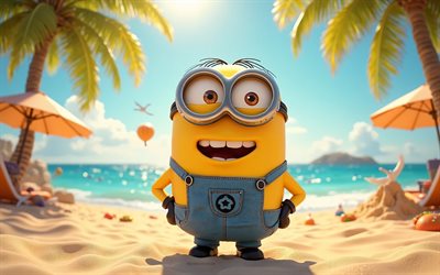 4k, bob, sbires, un moi méprisable, été, bob serviteur, bob sur la plage, paysage d'été, îles tropicales, plage, despicable me personnages, voyage d'été