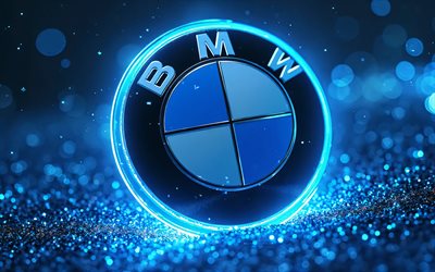 4k, bmw 3d  logotyp, bokhög, blå neonljus, blå glitterbakgrunder, kreativ, bmw  logotyp, bilar varumärken, bmw