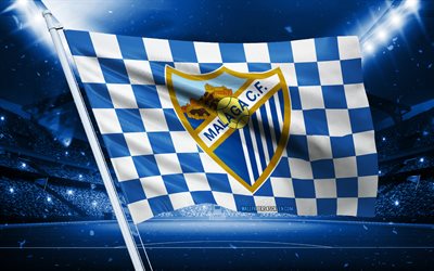 4k, logotipo de málaga cf, club de fútbol español, bandera del estadio, bandera de málaga cffans, bandera azul, malaga cf emblema, segunda, españa, fútbol americano, málaga cf