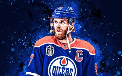 connor mcdavid, 4k, blå neonljus, edmonton oilers, nhl, kanadensiska hockeyspelare, connor mcdavid 4k, hockey, national hockey league, connor mcdavid edmonton oilers