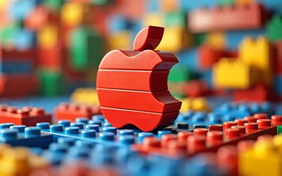 4k, Apple red logo, bokeh, Lego, creative, colorful lego backgrounds, computers brands, Apple 3D logo, brands, Apple lego logo, artwork, Apple logo, Apple