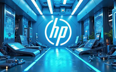 Hewlett-Packard logo, 4k, blue future technology background, HP logo, Hewlett-Packard glowing logo, Hewlett-Packard blue logo, Hewlett-Packard, HP