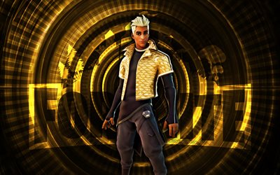 chic commodore fortnite, 4k, fondo espiral amarillo, fortnita, creativo, piel de comodoro elegante, piel de comodoro fortnite chic, comodoro chic, personajes de fortnite