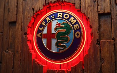 alfa romeo neon logo, 4k, 赤いネオンライト, 木製の背景, クリエイティブ, alfa romeo wooden logo, 車ブランド, alfa romeo 3dロゴ, alfa romeoロゴ, アルファ・ロミオ