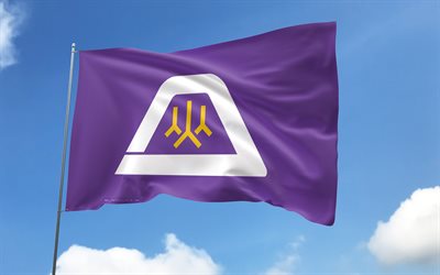 yamanashi  flagge auf fahnenmast, 4k, japanische präfekturen, blauer himmel, flagge von yamanashi, wellige satinflaggen, yamanashi flagge, präfekturen japans, fahnenmast mit flaggen, tag von yamanashi, japan, yamanashi