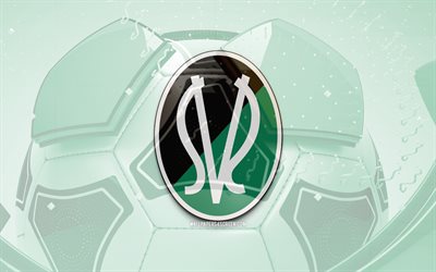 SV Ried glossy logo, 4K, green football background, Austrian Bundesliga, soccer, Austrian football club, SV Ried emblem, Ried FC, football, sports logo, SV Ried logo, SV Ried