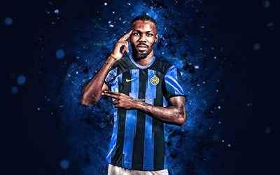 Marcus Thuram, 4k, 2023, Inter Milan FC, soccer, blue neon lights, Serie A, french footballers, Marcus Thuram 4K, blue abstract background, Internazionale, football, Marcus Thuram Inter Milan