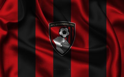 4k, AFC Bournemouth logo, black red silk fabric, English football team, AFC Bournemouth emblem, Premier League, AFC Bournemouth England, football, AFC Bournemouth flag, Bournemouth