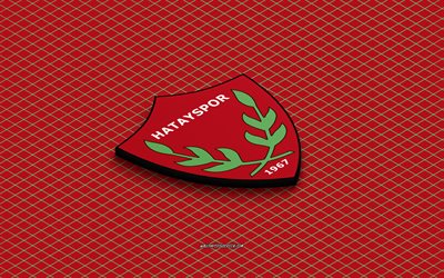 4k, Hatayspor isometric logo, 3d art, Turkish football club, isometric art, Hatayspor, red background, Super Lig, Turkey, football, isometric emblem, Hatayspor logo