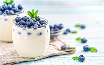 yoghurt with blueberries, 4k, dairy products, breakfast, blueberries, yogurt in glasses