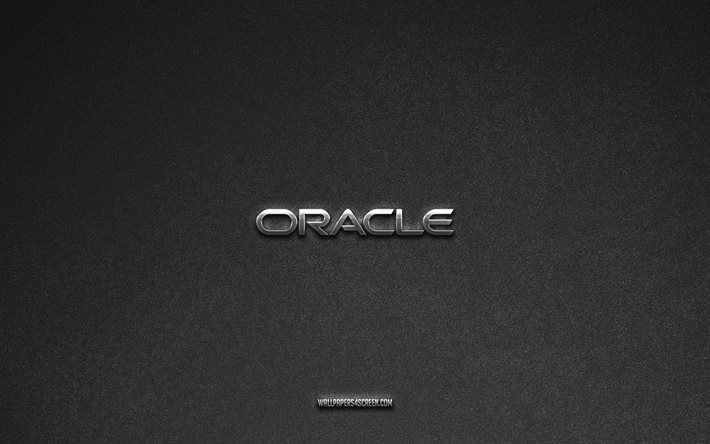 Oracle logo, brands, gray stone background, Oracle emblem, popular logos, Oracle, metal signs, Oracle metal logo, stone texture