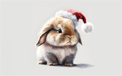 coniglio in cappello di babbo natale, buon anno, soffice coniglio, coniglio dipinto, 2023 capodanno, simbolo 2023, conigli