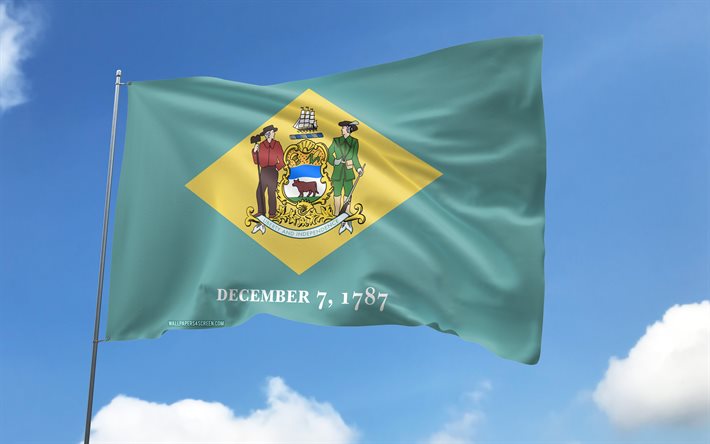 Delaware flag on flagpole, 4K, american states, blue sky, flag of Delaware, wavy satin flags, Delaware flag, US States, flagpole with flags, United States, Day of Delaware, USA, Delaware