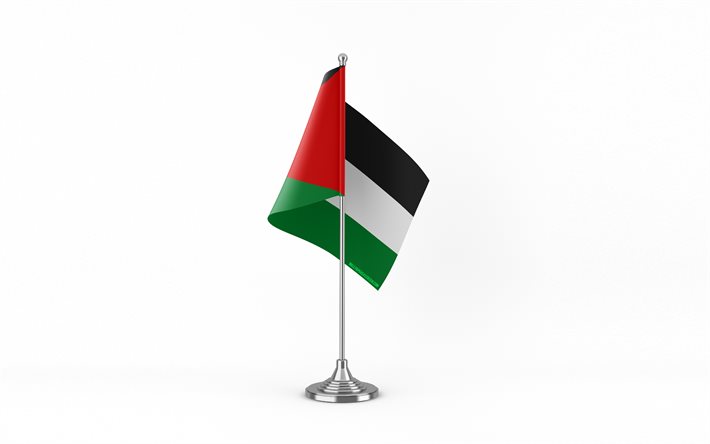4k, bandiera da tavolo della palestina, sfondo bianco, bandiera della palestina, bandiera della palestina sul bastone di metallo, simboli nazionali, palestina