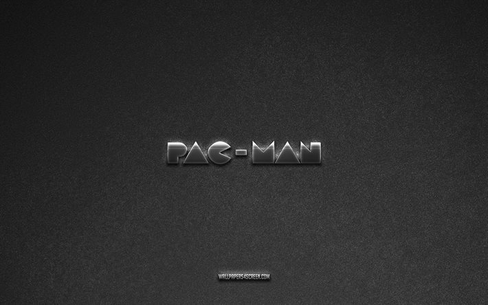 Pacman logo, brands, gray stone background, Pacman emblem, popular logos, Pacman, metal signs, Pacman metal logo, stone texture