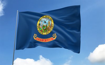 Idaho flag on flagpole, 4K, american states, blue sky, flag of Idaho, wavy satin flags, Idaho flag, US States, flagpole with flags, United States, Day of Idaho, USA, Idaho