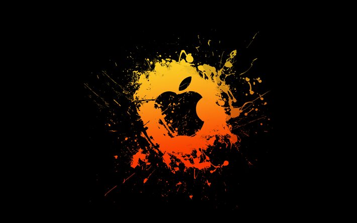 アップルオレンジのロゴ, 4k, ミニマリズム, クリエイティブ, オレンジ色のグランジ水しぶき, アップル グランジ ロゴ, アップルのロゴ, アートワーク, アップル