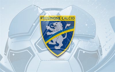 Frosinone glossy logo, 4K, blue football background, Serie B, soccer, italian football club, Frosinone 3D logo, Frosinone emblem, Frosinone FC, football, sports logo, Frosinone Calcio