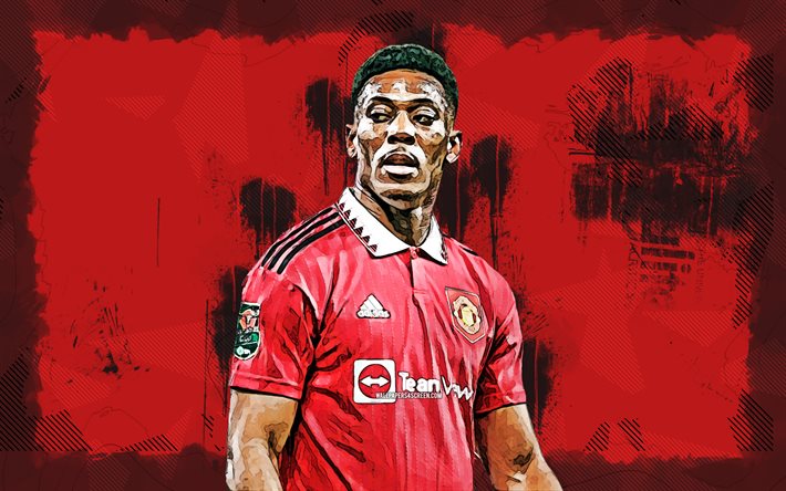 4k, Anthony Martial, grunge art, Manchester United FC, Premier League, french footballers, Anthony Martial 4K, soccer, red grunge background, football, Anthony Martial Manchester United, Man United