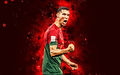 Cristiano Ronaldo, joy, Qatar 2022, red neon lights, 4k, Portugal National Football Team, CR7, soccer, footballers, red abstract background, Portuguese football team, Cristiano Ronaldo 4K