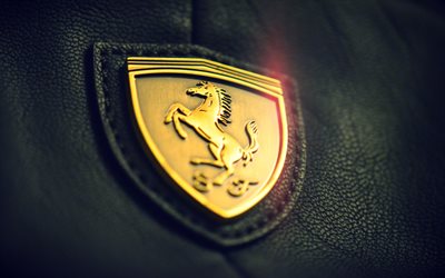 フェラーリの金色のロゴ, 4k, 3dアート, イタリア車, 黒い革, フェラーリのロゴ, クリエイティブ, フェラーリ