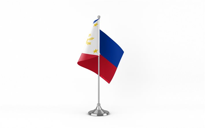 4k, फिलीपींस टेबल झंडा, सफेद पृष्ठभूमि, फिलीपींस का झंडा, फिलीपींस का टेबल फ्लैग, धातु की छड़ी पर फिलीपींस का झंडा, राष्ट्रीय चिन्ह, फिलिस्तीन