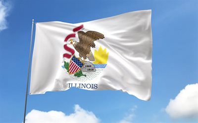 Illinois flag on flagpole, 4K, american states, blue sky, flag of Illinois, wavy satin flags, Illinois flag, US States, flagpole with flags, United States, Day of Illinois, USA, Illinois