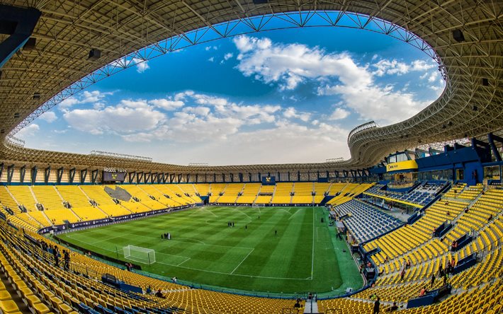 किंग सऊद विश्वविद्यालय स्टेडियम, मृसूल पार्क, फ़ुटबॉल स्टेडियम, अंदर का दृश्य, पीला खड़ा है, अल नासर एफसी स्टेडियम, रियाद, सऊदी अरब, फ़ुटबॉल, अल नासर एफसी, फुटबॉल मैदान