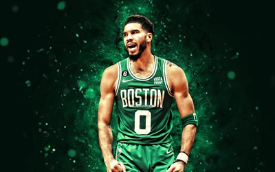 4k, Jayson Tatum, 2022, Boston Celtics, green neon lights, NBA, basketball, Jayson Tatum 4K, green abstract background, Jayson Tatum Boston Celtics