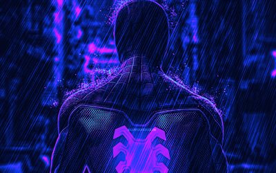 4k, hombre araña, arte 3d, ciberpunk, noche, comics marvel, arte de fan, superhéroes, ciberpunk del hombre araña, vista trasera, hombre araña 4k