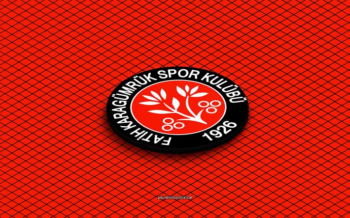 4k, fatih karagumruk isometrisches logo, 3d kunst, türkischer fußballverein, isometrische kunst, fatih karagumruk, roter hintergrund, superlig, truthahn, fußball, isometrisches emblem, fatih karagumruk logo, karagumruk