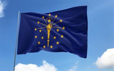 旗竿にインディアナ州の旗, 4k, アメリカの州, 青空, インディアナ州の旗, 波状のサテンの旗, インディアナ州旗, 米国の州, フラグ付きの旗竿, アメリカ, インディアナの日, アメリカ合衆国, インディアナ