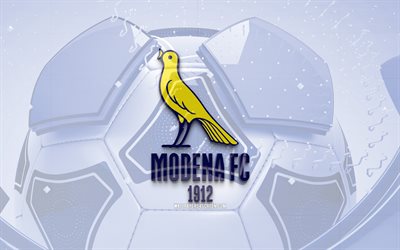 モデナ fc の光沢のあるロゴ, 4k, 青いサッカーの背景, セリエb, サッカー, イタリアのサッカー クラブ, モデナ fc の 3d ロゴ, モデナ fc のエンブレム, モデナfc, フットボール, スポーツのロゴ, モデナ カルチョ