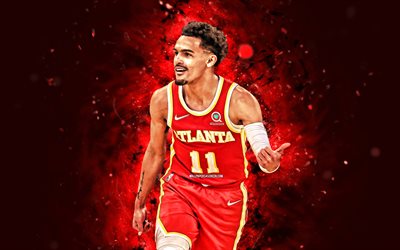 4k, Trae Young, 2022, Atlanta Hawks, red neon lights, NBA, basketball, Trae Young 4K, red abstract background, Trae Young Atlanta Hawks