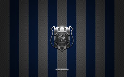 Club Sportivo 2 de Mayo logo, Paraguayan football team, Paraguayan Primera Division, blue white carbon background, Club Sportivo 2 de Mayo emblem, football, Club Sportivo 2 de Mayo, Paraguay, Club Sportivo 2 de Mayo metal logo