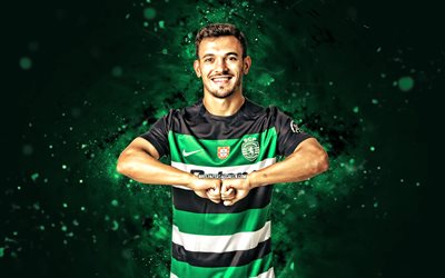 Pedro Goncalves, 4k, green neon lights, Sporting CP, Primeira Liga, Portuguese footballers, Pedro Goncalves 4K, football, soccer, Liga Portugal, Pedro Antonio Pereira Goncalves, Sporting FC, Sporting Lisbon, Pedro Goncalves Sporting