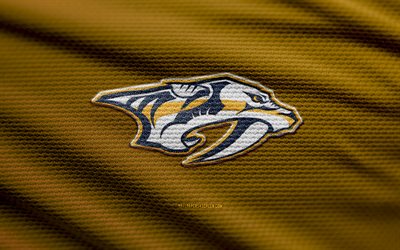 nashville predators fabric logo, 4k, blauer stoffhintergrund, nhl, bokeh, eishockey, nashville predators logo, nashville predators emblem, american hockey club, nashville predators