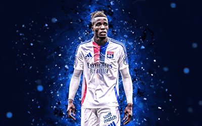 Wilfried Zaha, 4k, blue neon lights, Lyon FC, Ligue 1, Ivorian footballers, Wilfried Zaha 4k, football, soccer, Olympique Lyonnais, Wilfried Zaha Lyon