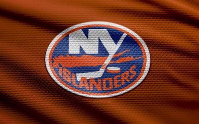 logotipo de tecido de nova york islanders, 4k, fundo de tecido laranja, nhl, bokeh, hóquei, logotipo de nova york islanders, emblema de nova york islanders, american hockey club, ilhéus de nova york