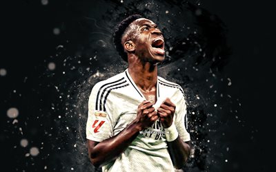 Vinicius Junior, 4k, white neon lights, Real Madrid FC, La Liga, Brazilian footballers, Vinicius Junior 4K, football, soccer, Real Madrid CF, Vinicius Jr, LaLiga, Vinicius Junior Real Madrid