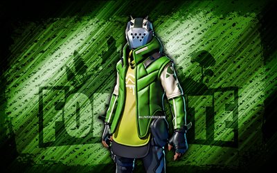 Hunter X-Lord Fortnite, 4k, green diagonal background, grunge art, Fortnite, artwork, Hunter X-Lord Skin, Fortnite characters, Hunter X-Lord, Fortnite Hunter X-Lord Skin