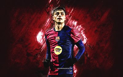 Pedri, FC Barcelona, burgundy stone background, Spanish football player, grunge art, La Liga, Catalonia, Spain, football, Pedro Gonzalez Lopez