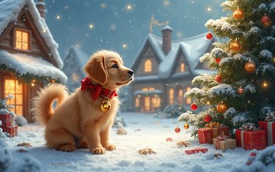 labrador in der nähe des weihnachtsbaums, 4k, frohe weihnachten, kleiner süßer welpe, frohes neues jahr, weihnachtsabend, labrador retriever welpe, süße hunde, weihnachtskonzepte