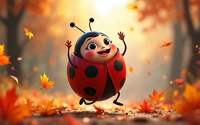 4k, mariquita de dibujos animados, otoño, caída de hojas, animales animados en 3d, bokeh, animales felices, mariquita 3d, animales 3d, mariquita, animales de dibujos animados, mariquitas