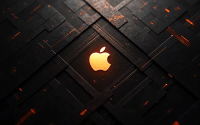 Apple gold metal logo, 4k, gold metal background, Apple logo metal texture, Apple emblem, Apple sign, Apple, gold 3D Apple logo