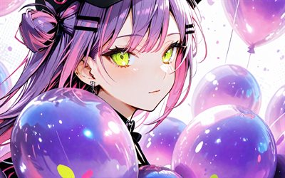 tokoyami towa, 4k, lila luftballons, virtueller youtuber, grüne augen, vtuber, violettes haar, hololive, mädchen mit grünen augen, kunstwerk, manga, tokoyami towa kanal, tokoyami towa virtueller youtuber
